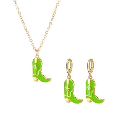 Imagem de Dreuyet Conjunto de brincos e colar de botas de vaqueira para mulheres e meninas delicados moda ocidental botas de cowboy colar de corrente banhado a ouro 14K chapéu de cowboy colar pingente colar estilo ocidental joias presente, Metal, Sem Pedra Preciosa
