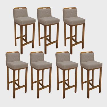 Imagem de Kit 07 Banqueta Alta Com Encosto Simon Cozinha Balcão Bistrô Base Madeira Castanho Corino Bege - Ahz Móveis
