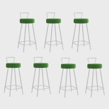 Imagem de Kit 07 Banqueta Alta Com Encosto Tais Eiffel Cozinha Bar Bistrô Ferro Branco Sintético Verde - Ahz Móveis