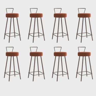 Imagem de Kit 08 Banqueta Alta Com Encosto Tais Eiffel Cozinha Bar Bistrô Ferro Marrom Corino Laranja - Ahz Móveis