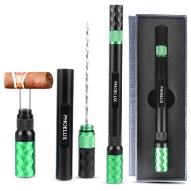 Imagem de Phoelux Ferramenta multiferramenta 4 em 1 para simulação de charutos, agulha dupla, retrátil e rosqueada, furador de extremidade dupla, 2 lâminas de tamanho com caixa de presente (preto verde)