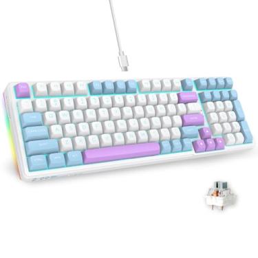 Imagem de E-YOOSO Teclado mecânico para jogos com fio, teclas PBT redondas, interruptor linear personalizado, som cremoso, estrutura de vedação com espuma de amortecimento de som, retroiluminação LED ciano, luz