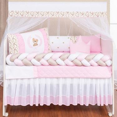 Imagem de Kit Berço Trança Urso Teddy Rosa Menina Bebê 11 Peças