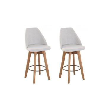 Imagem de Kit 2 Banquetas Giratória Maya Gourmet Madeira Eucalipto Assento Tecido Linho 62 cm Gat...