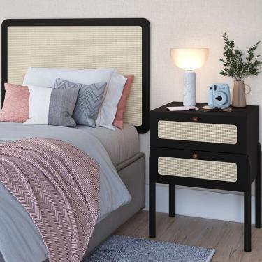 Imagem de Conjunto Cabeceira Solteiro 90cm E Mesa De Cabeceira 2 Gavetas Pé Madeira Palhinha Oslo Nero Nero/preto