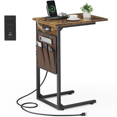 Imagem de Vagusicc Mesa Lateral Em Formato De C Com Estação Carregamento, Pequena Para Sofá, Mesas Altas Deslizantes Braço Bandeja Tv, Sala Estar, Quarto, Cabeceira, Marrom