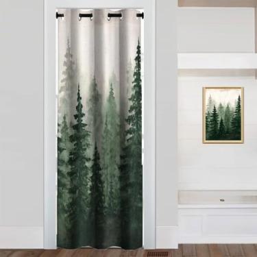 Imagem de XING7DAY Cortina de porta de porta de floresta enevoada para entrada, nevoeiro, floresta enevoada, floresta, abeto, verde, aquarela, para quarto, sala de estar, armário, porta, 86 cm L x 203 cm