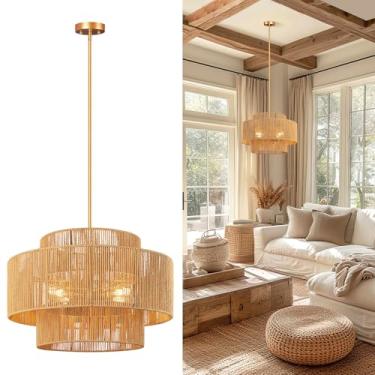 Imagem de CLARSYNE Lustre Boho De Rattan De 24'', Luminária Pendente De Vime Trançado À Mão Com 4 Luzes, Luminária De Teto Rústica E Moderna Para Sala De Jantar, Ilha De Cozinha, Sala De Estar, Quarto, Hall