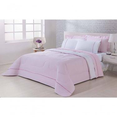 Imagem de Kit Edredom 100% Algodão Percal 150 Fios Dupla Face Solteiro + Jogo De Cama 5 Peças - Rosa-branco