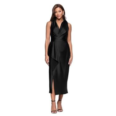 Imagem de Xscape Vestido feminino midi de cetim com colarinho, Preto, 48