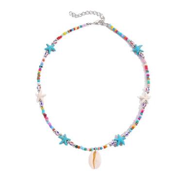 Imagem de Colar com pingente de estrela-do-mar e peixe em formato de concha boho, colorido, pérola, colar, verão, litoral, praia, praia, gargantilha havaiana para mulheres e homens, Small, Acrílico, Sem Pedra