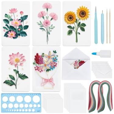 Imagem de WEBEEDY 20 conjuntos de kits de quilling de papel floral DIY para adultos, 5 estilos de rosas, lótus, margaridas, lírios, kit de confecção de cartões com 20 cartões em branco, tiras de 36 cores