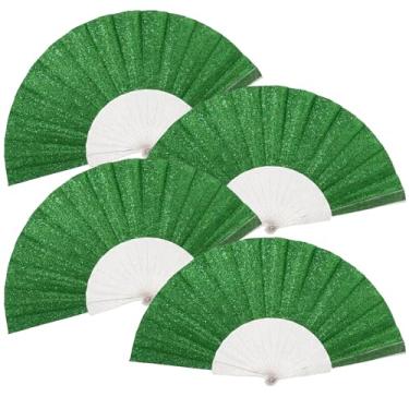 Imagem de Pacote com 4 leques de mão femininos com glitter e nervuras transparentes brilhantes – Ideal para casamento, igreja, festival, dança, festa de chá, clube e acessórios EDM, verde claro