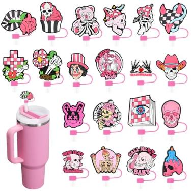 Imagem de 20 peças de tampa de palha de terror rosa para Stanley Cup 1,134 g copo decoração de caveira topos de palha a granel reutilizável PVC bonito DIY canudos punk acessórios servem para protetor de canudos