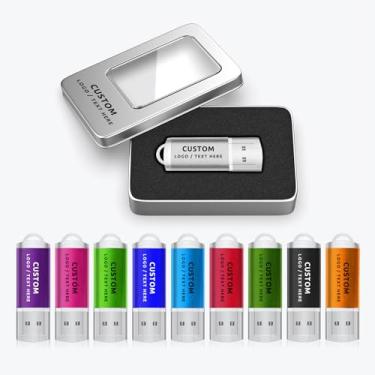 Imagem de Pen drive USB personalizado, pacote com 50 unidades de pen drive personalizado USB 2.0, ideal para negócios, educação, corporações, fotografia e estúdios de música (128 MB, com caixa de metal)
