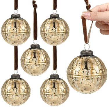 Imagem de Threan 6 peças de enfeites de Natal grandes vintage de vidro mercúrio 8 cm enfeites de bola de Natal pendurados em relevo antigo para decoração de guirlanda de árvore de Natal (ouro, gravado)