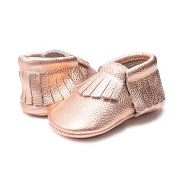 Imagem de HONGTEYA Mocassins de couro para bebês Mocassins de sola rígida com borla para berço para meninos e meninas, Pinkgold, 12-18 Months Infant