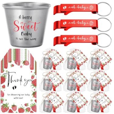 Imagem de Vesici 25 conjuntos de lembrancinhas de chá de bebê para meninas e meninos 42,5 g copos de shot de aço inoxidável fofos abridores de garrafas chaveiros etiquetas de agradecimento sacos de gênero