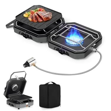 Imagem de Fogão de acampamento portátil de 2 bocas com alça, fogão de acampamento dobrável a propano de 16.000 BTU com grade e bolsa de transporte, queimadores ajustáveis e proteção contra chamas, fogão de
