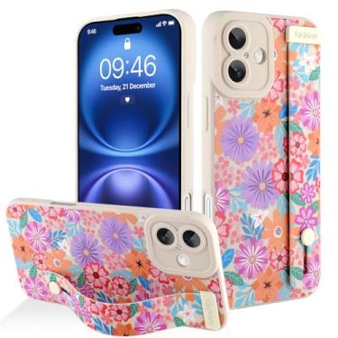 Imagem de AIGOMARA Capa para iPhone 16 Plus com alça para mulheres e meninas, linda estampa de flores florais coloridas, capa protetora de silicone com suporte de faixa macia, branca