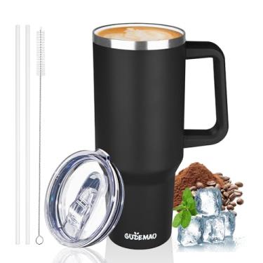 Imagem de Caneca de café com isolamento térmico de 1,134 g com revestimento cerâmico, copo de café de viagem de aço inoxidável com tampa e palha, parede dupla à prova de vazamento, caneca de café térmica para