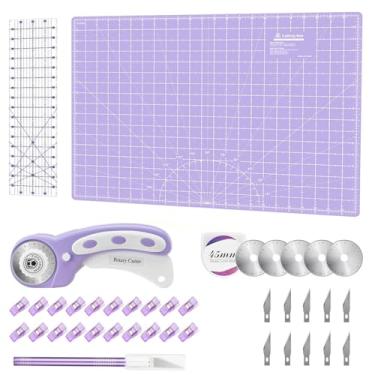 Imagem de Conjunto de cortadores rotativos roxo – kit de acolchoamento, inclui cortador de tecido de 45 mm, 5 lâminas de substituição, tapete de corte A2, régua de estofamento de acrílico, clipes de costura