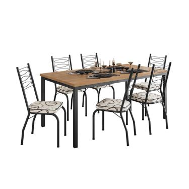 Imagem de Conjunto de Mesa Retangular com Tampo de MDP Amadeirado e 6 Cadeiras Adriana Revestimento Sintético Cedro e Preto
