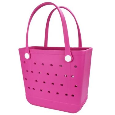 Imagem de UeKeKicg Bolsa de praia de borracha média, à prova d'água, lavável, à prova de areia, bolsas de mão de viagem para piscina, barco, trabalho, esportes, Vermelho rosa, Medium, Aberto
