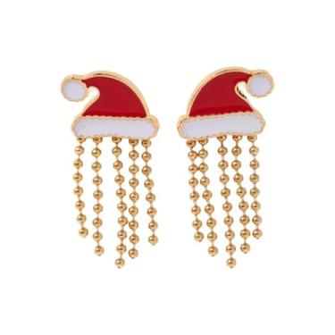 Imagem de Kokoma Brincos femininos com pingente de chapéu de Natal com borlas de contas esmaltadas com franja longa, joia de festa festiva de Natal, 1.61 Inches X 0.66 Inches, Metal, Sem pedra preciosa