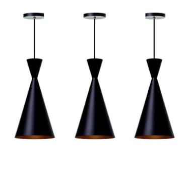Imagem de Kit 3 Lustre Pendente Cone Sala Cozinha Churrasqueira(Preto com cobre)
