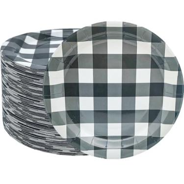 Imagem de 50 peças de artigos de festa guingão 18 cm pratos de papel guingão preto e branco prato xadrez descartável rosa e branco para chá de bebê, casamento, piquenique, churrasco, decoração de festa de