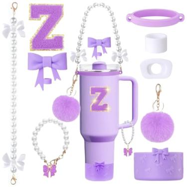 Imagem de MOTEERLLU Conjunto de acessórios de copo Stanley roxo de 9 peças para copo de 850 g 1,871 g com alça, incluindo enfeite de palha de arco e bota, alça de alça de pérola e pingente de alça, adesivo de