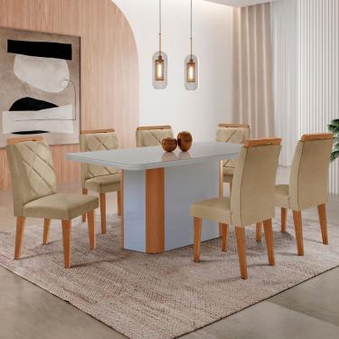 Imagem de Mesa de Jantar Isadora 180cm Tampo MDF Vidro Canto Copo e 6 Cadeiras Melissa - Turim 07/Off/Naturale/Serig. Off