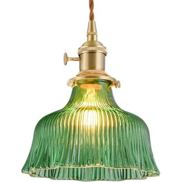 Imagem de Luzes pendentes vintage para cozinha ilha lírio verde vidro pingente iluminação quarto latão luminária pendente casa de fazenda luminárias penduradas com sombra de vidro para sala de jantar quarto