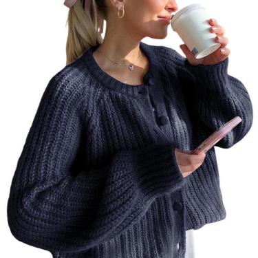 Imagem de Suéter de cardigã feminino Yimoon Y2K, gola redonda, malha grossa, azu