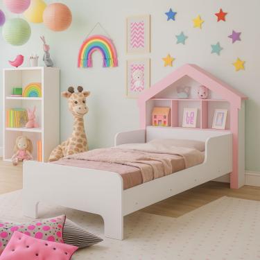 Imagem de Cama Solteiro Casinha Com Prateleira Para Brinquedo e Proteção Lateral