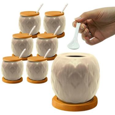 Imagem de Kit 6 Açucareiro Saleiro De Cerâmica Com Tampa De Bambu E Colher 350ml