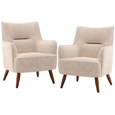 Imagem de Kit 02 Poltronas Decorativa Fixa Pés de Madeira Isabella D02 Veludo Bege C-309 - Lyam Decor