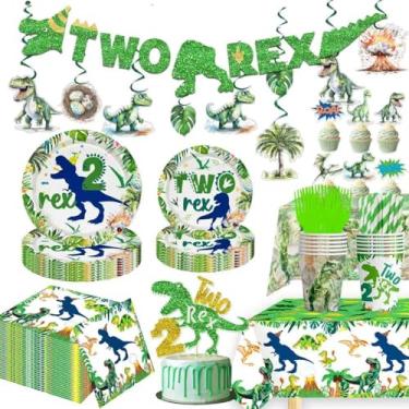 Imagem de Two Rex Birthday Decorations for Boy ，Dinosaur 2nd Birthday Party Supplies for Plates, Napkins, Cups, Banner, Tablecloth,Cake Topper for Boys Dino Two Rex Party Decorations, Serve 30