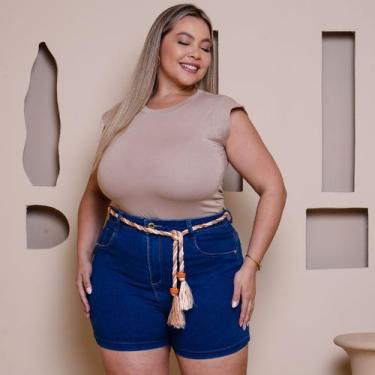 Imagem de Short Jeans Plus Size Destroyer Azul Com Bolso Detalhado Bordado Flore