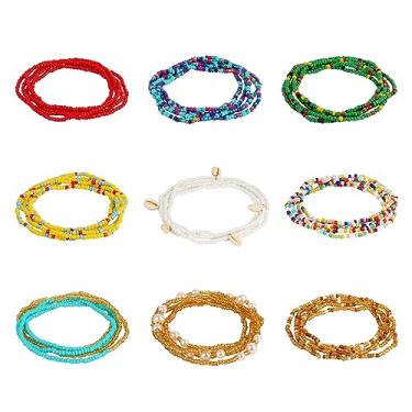 Imagem de Poxtex 9 peças de corrente corporal para mulheres, contas elásticas de verão em camadas para biquíni de praia, corrente de barriga elástica colorida africana, acessórios de joias para o dia das mães