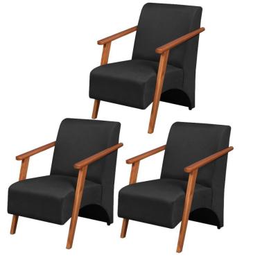 Imagem de Kit 3 Poltronas Venus 1 Lugar Braço Madeira Maciça Tecido Suede Preto