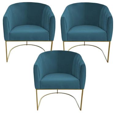 Imagem de Kit 03 Poltrona Julia Com Base De Ferro Sala De Estar Escritório Recepção Clinica Suede Azul Tiffany D'classe Decor