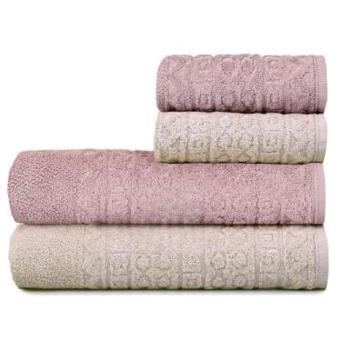 Imagem de Toalha de Banho Gigante, Jogo/Kit 4 Toalhas (2 Banho + 2 Rosto) Macia Algodão Luxo Barra Aveludada Alta Absorção(Sorvete de Uva + Rosada)