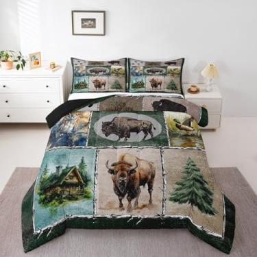 Imagem de Feelyou Conjunto de cama queen de búfalo, bisão americano selvagem, chalé, casa de fazenda, pato selvagem, xadrez, conjunto de edredom para decoração de quarto