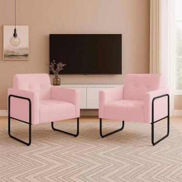 Imagem de Poltrona Sala Industrial Alta Tubo Preto Kit 2 Elisa Suede Rosa Bebê D03 - D`rossi