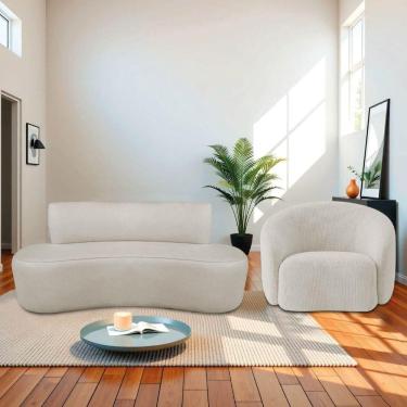 Imagem de Kit Recamier Curvo Amsterdã 120cm E Poltrona Amore Luxo Linho Cor Bege