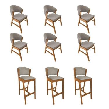 Imagem de Kit 6 Cadeiras De Jantar Debora Madeira Maciça Com 3 Banquetas Ana Cerejeira Premium Linho Bege