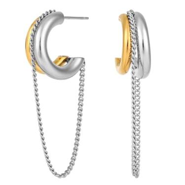 Imagem de Brincos de Argola com Corrente e Franjas Prateadas em Forma de C, Brincos Pendentes Modernos em Dois Tons Joias Marcantes para Mulheres Bijuteria da Moda Presente