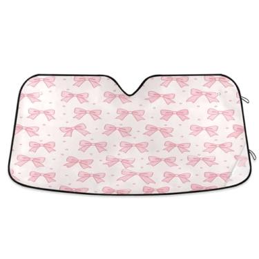 Imagem de ATTX Pára-brisas de carro com laço de fita rosa 144.8 cm x 80.0 cm escudo solar universal com proteção UV, persiana de janela frontal automática dobrável para caminhões Sedans SUVs #236
